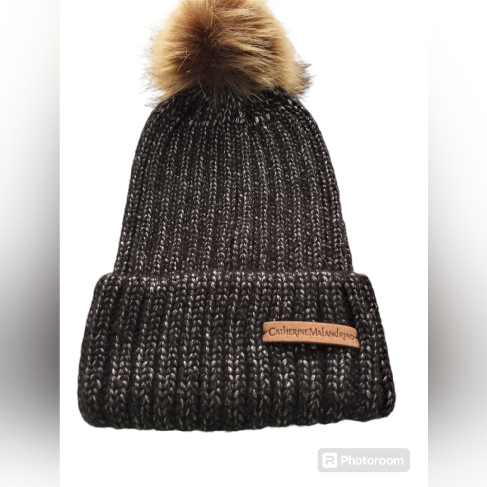 Catherine Malandrino Faux Fur Pom Pom Knit Winter Hat Black White Multi